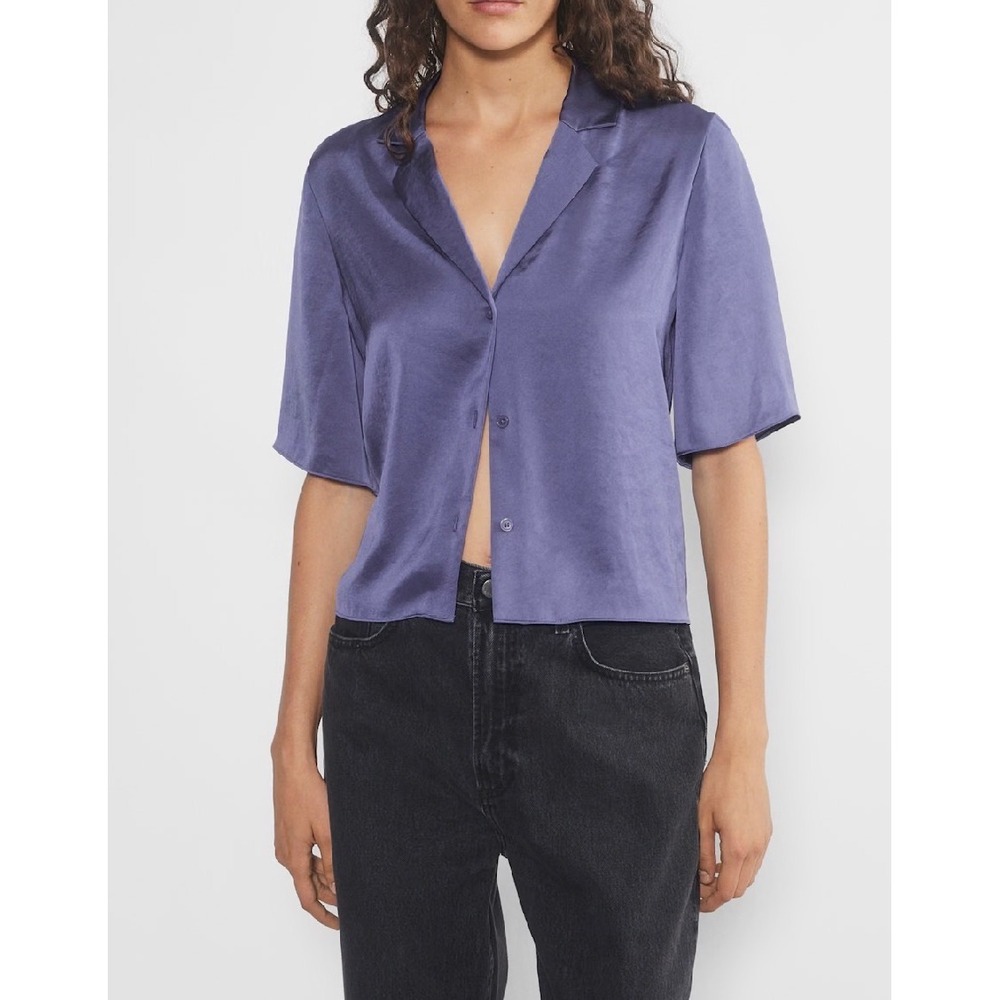 Wilfred Aritzia Beso Satin Shirt Nightshade Blue Short Sleeve Button Down M